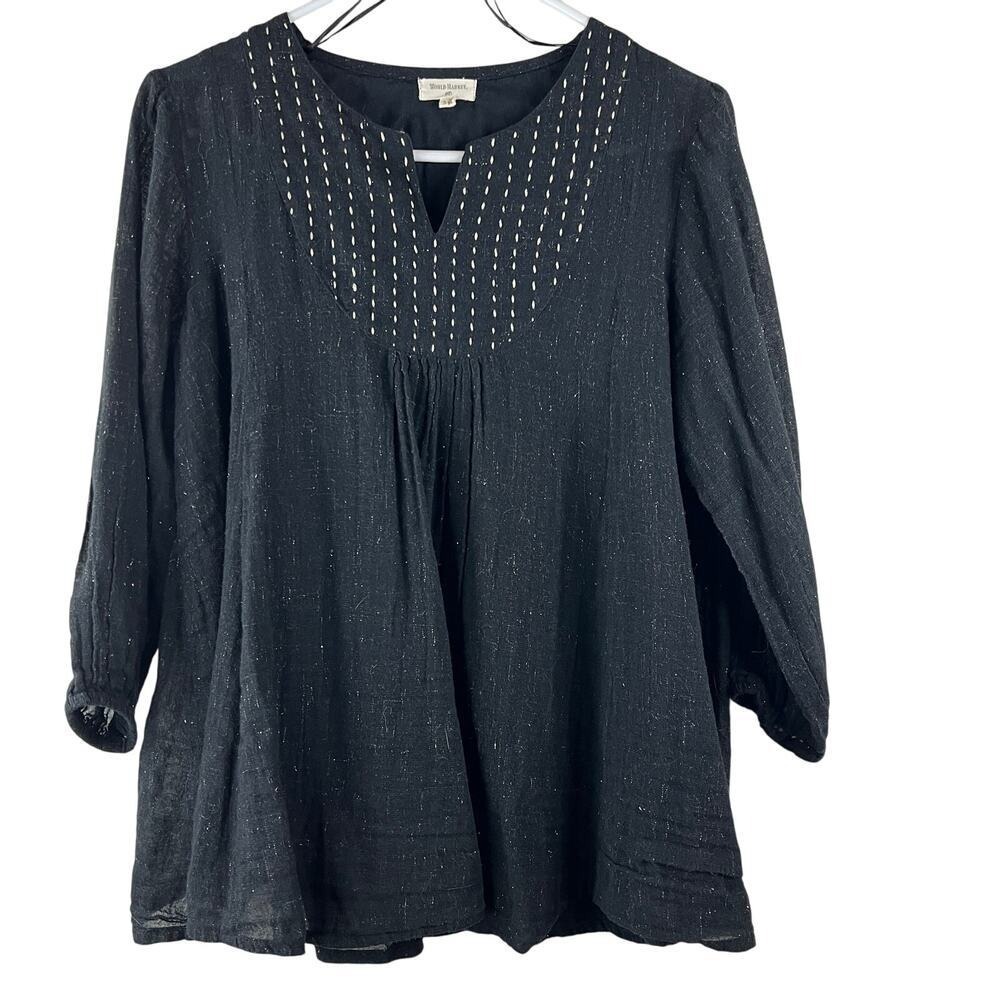 World Market Black Sparkle Gauze Stitched V-Neck Boho Blouse‎ Tunic S/M